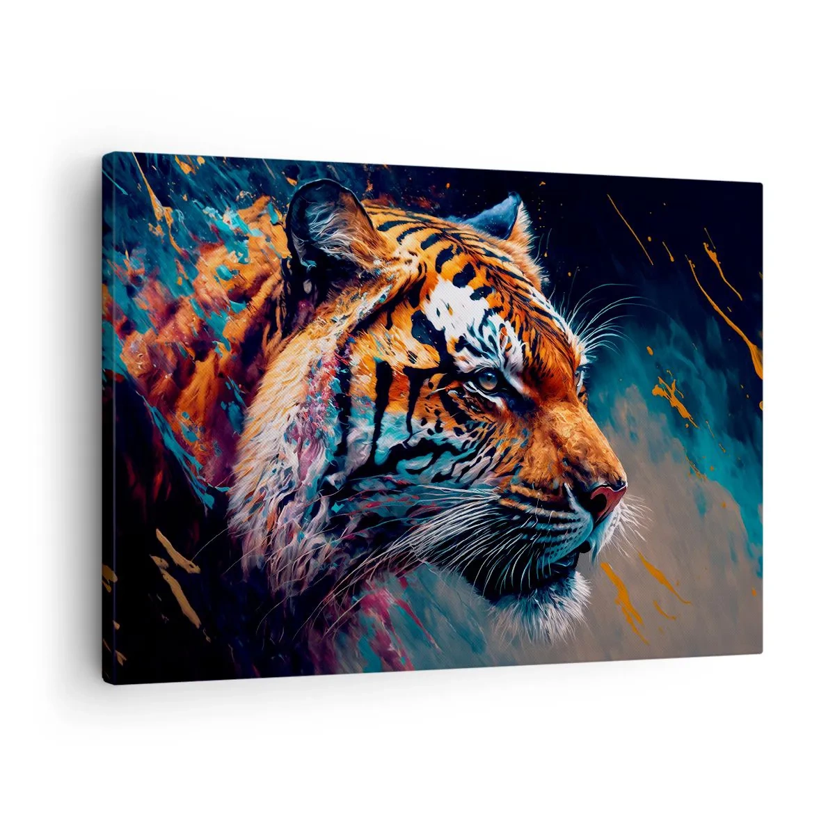 Obraz na plátně - Portrét tygra v dynamických, abstraktních barvách - 70x50cm - Divoká krása - Moderní nástěnná dekorace do obývacího pokoje a ložnice ARTTOR