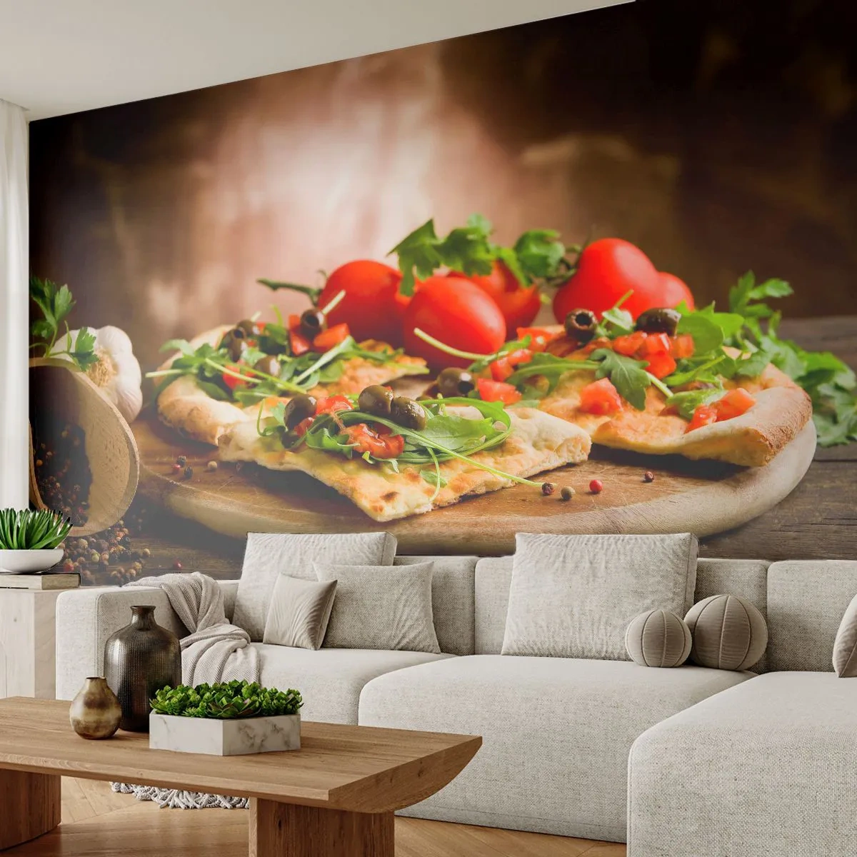 Fototapeta Samolepicí Deluxe Sticker - Přímo z pece a ze zahrady - Gastronomie, Pizza, Itálie - 250x175 cm