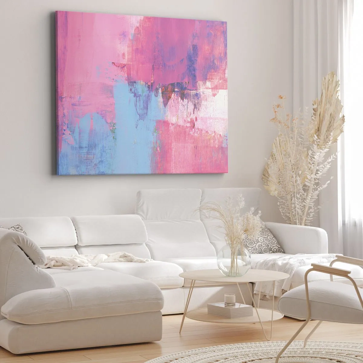Obraz na plátně - Abstraktní kompozice v růžové a modré barvě - 70x50cm - Růžová, modrá a špetka světla - Moderní nástěnná dekorace do obývacího pokoje a ložnice ARTTOR