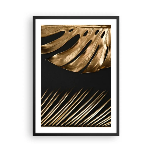 Plakát v černém rámu - Zlaté listy na černém pozadí v elegantním stylu - 50x70cm - Jiné ale stejně drahé - Moderní nástěnná dekorace do obývacího pokoje a ložnice ARTTOR