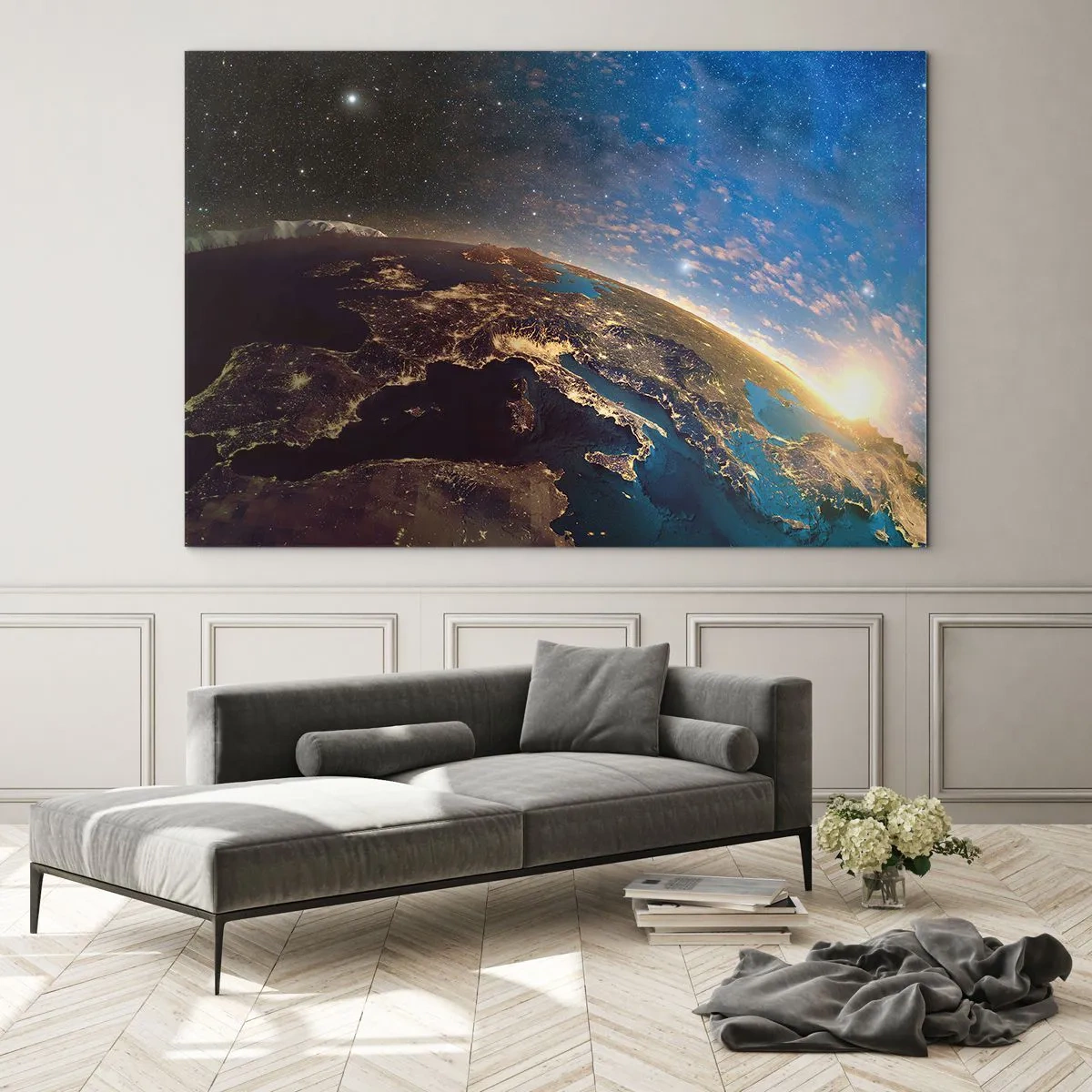 Obraz na skle - Pohled na Zemi z vesmíru s viditelným východem slunce - 70x50cm - Podívejme se na sebe s odstupem - Moderní nástěnná dekorace do obývacího pokoje a ložnice ARTTOR