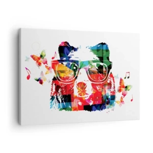 Obraz na plátně - Barevný medvěd s brýlemi, motýly a hudebními notami - 70x50cm - Líbí se mi! - Moderní nástěnná dekorace do obývacího pokoje a ložnice ARTTOR