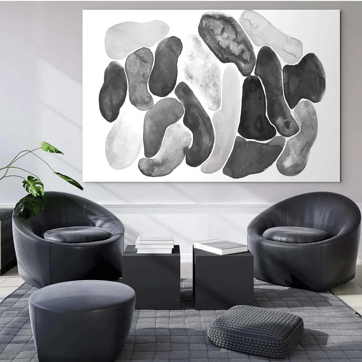 Obraz na skle - Černobílá kompozice abstraktních tvarů připomínajících kameny. - 70x50cm - Kamenitá abstrakce - Moderní nástěnná dekorace do obývacího pokoje a ložnice ARTTOR