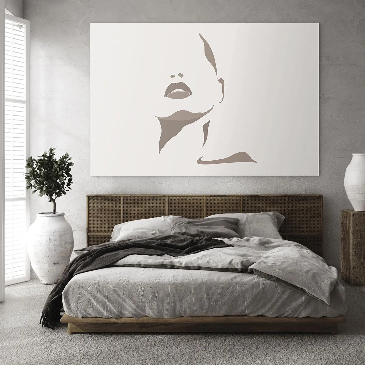 Obraz na skle - Obrys ženského obličeje a krku v minimalistickém stylu - 70x50cm - Stvořená ze světla a stínu - Moderní nástěnná dekorace do obývacího pokoje a ložnice ARTTOR