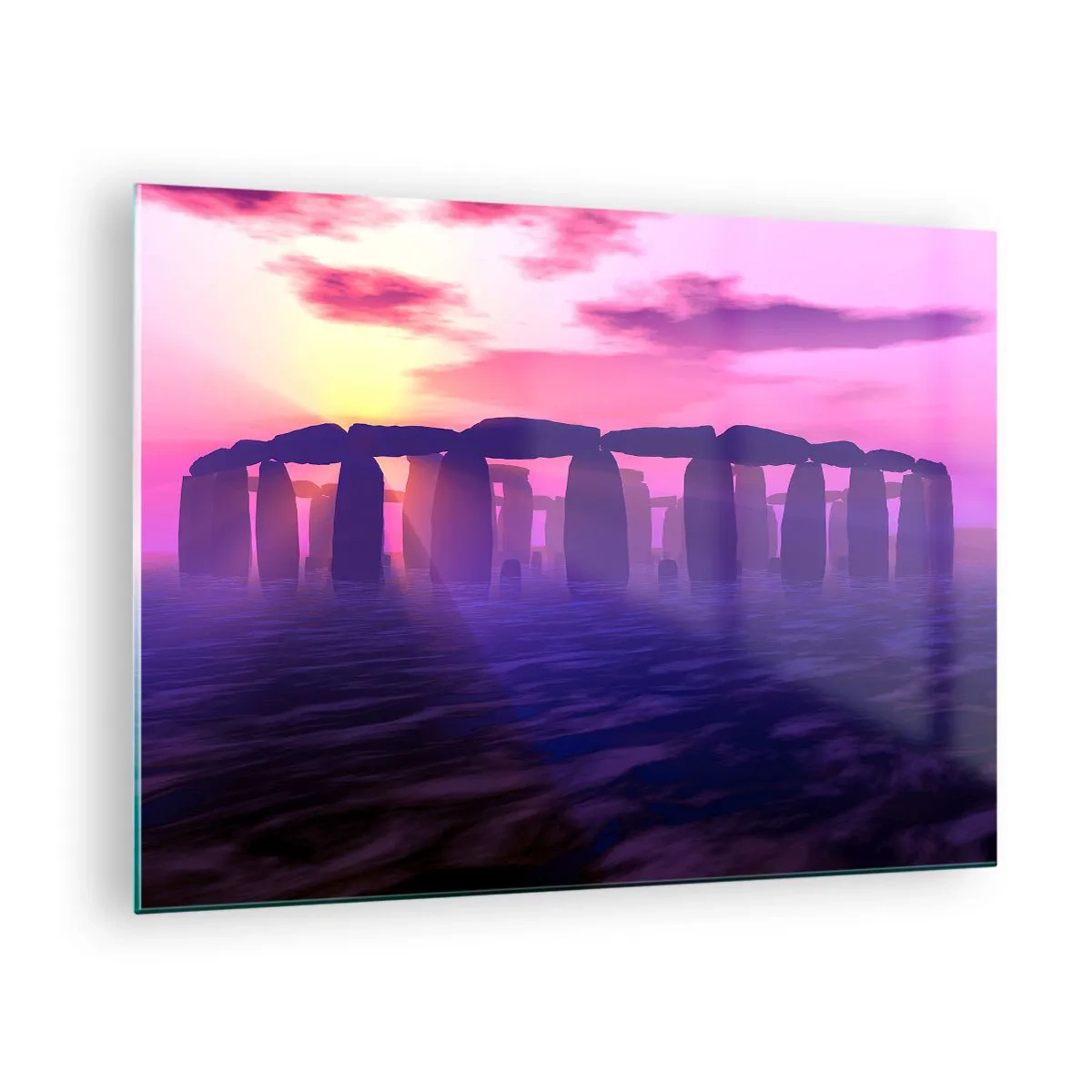 Obraz na skle - Stonehenge ve světle růžového západu slunce - 70x50cm - Tajemství za svítání v mlze - Moderní nástěnná dekorace do obývacího pokoje a ložnice ARTTOR