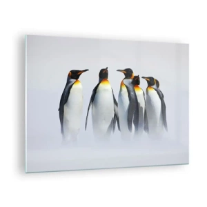 Obraz na skle - Skupina tučňáků v zimní krajině - 70x50cm - Setkání ve večerních róbách - Moderní nástěnná dekorace do obývacího pokoje a ložnice ARTTOR