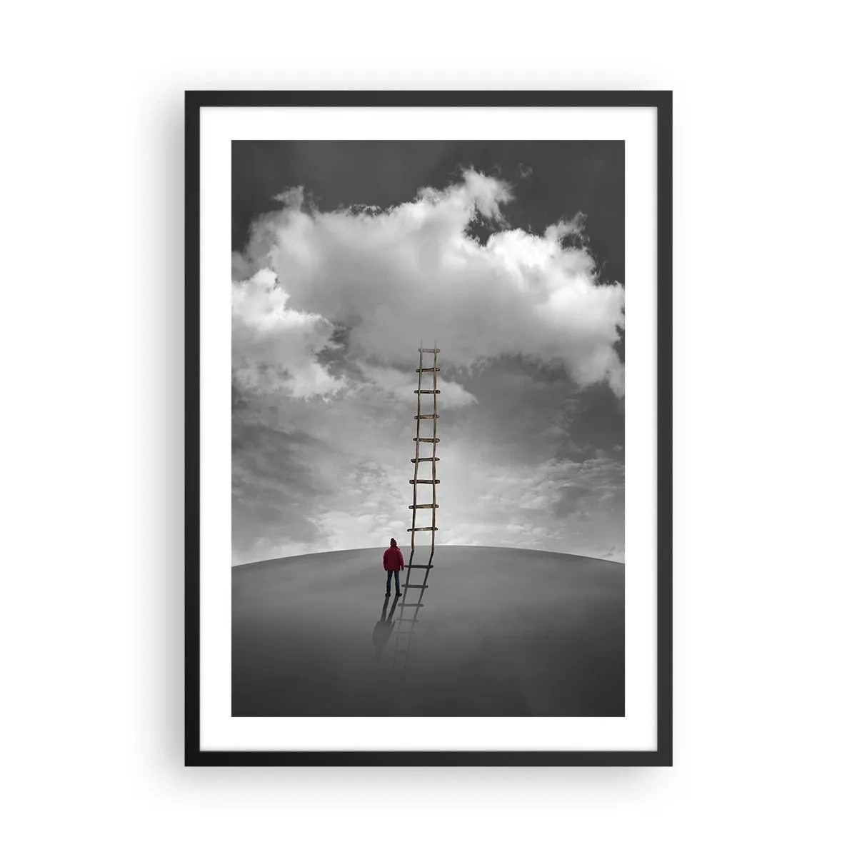 Plakát v černém rámu - Muž stojící u žebříku vedoucího do oblak - 50x70cm - Všechno je možné - Moderní nástěnná dekorace do obývacího pokoje a ložnice ARTTOR
