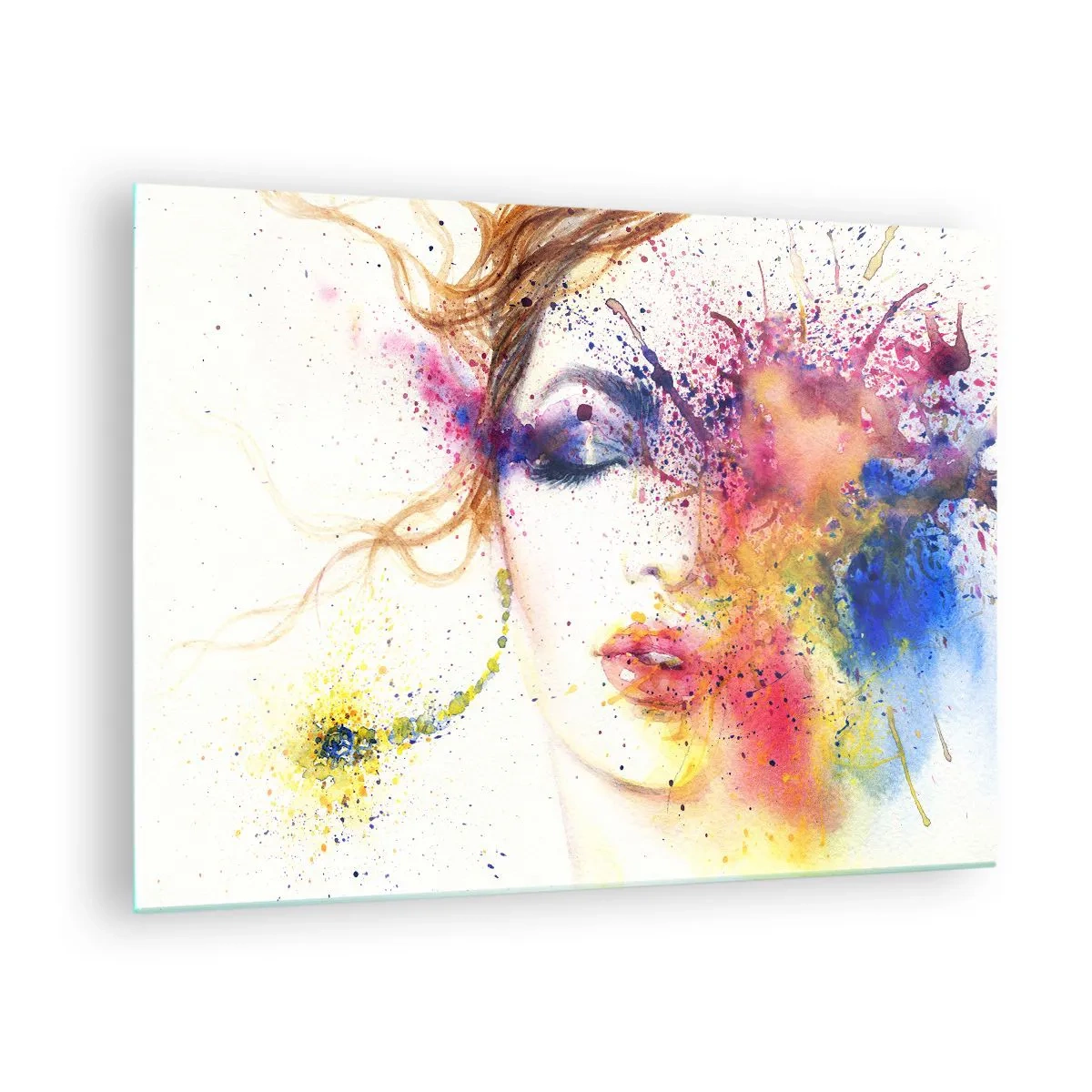 Obraz na skle - Abstraktní portrét ženy s duhovými cákanci barvy - 70x50cm - Duhová závrať - Moderní nástěnná dekorace do obývacího pokoje a ložnice ARTTOR