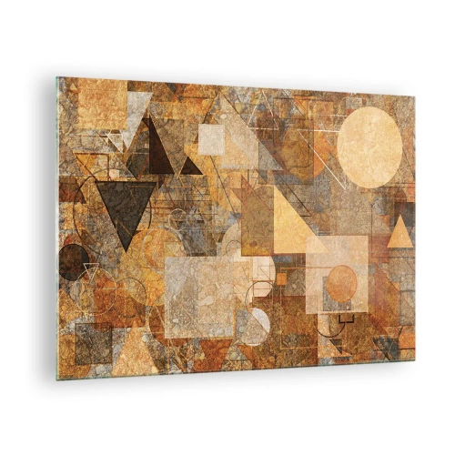 Obraz na skle - Abstraktní geometrické vzory v teplých barvách - 70x50cm - Kubistická bronzová studie - Moderní nástěnná dekorace do obývacího pokoje a ložnice ARTTOR