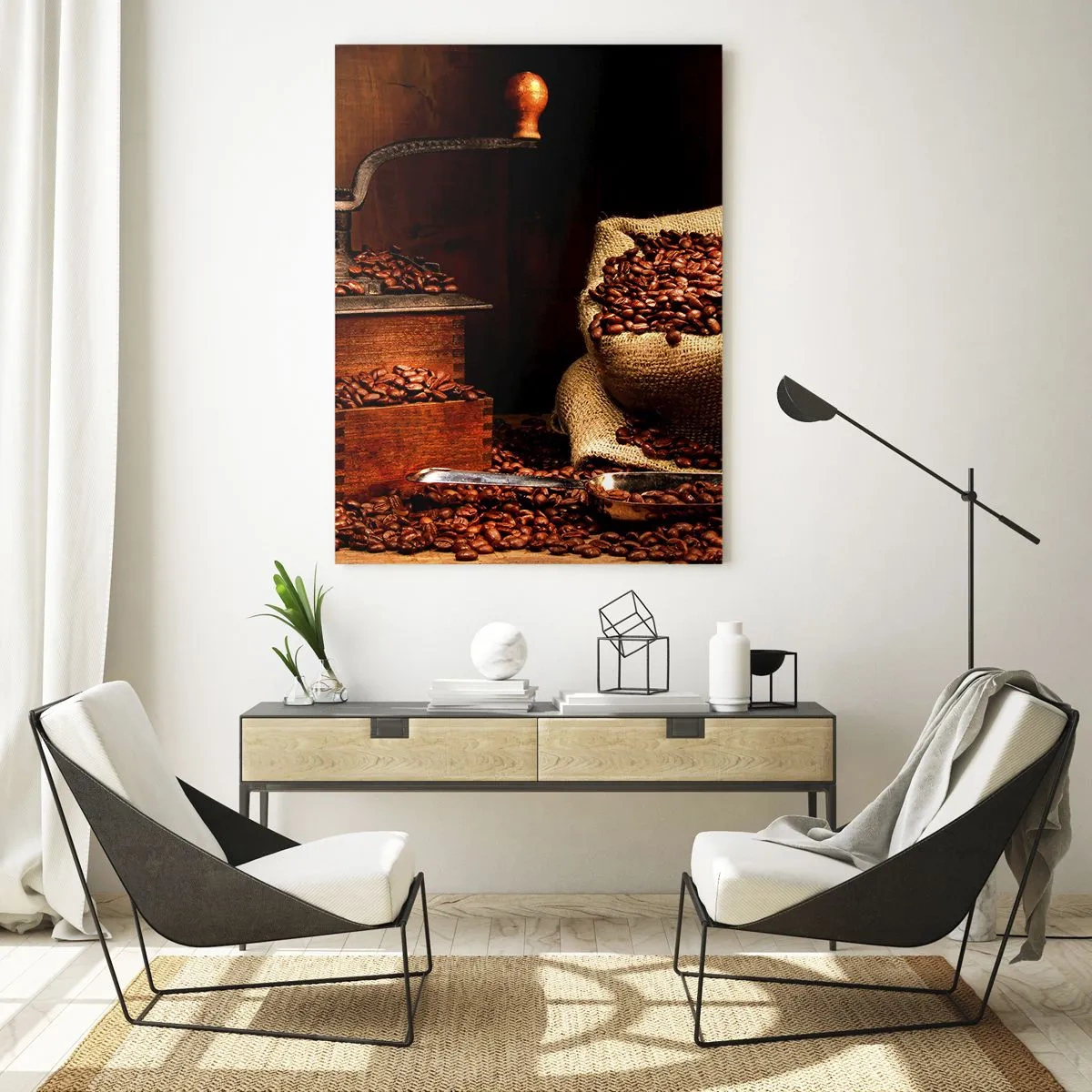 Obraz na skle - Zátiší se zrnky kávy a mlýnkem - 50x70 cm