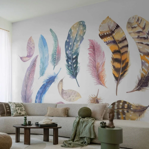 Fototapeta Standard Eco - Akvarelové peří v pastelových odstínech na bílém pozadí - 100x70cm - Lehké, strakaté a vícebarevné - Moderní nástěnná dekorace do obývacího pokoje a ložnice ARTTOR