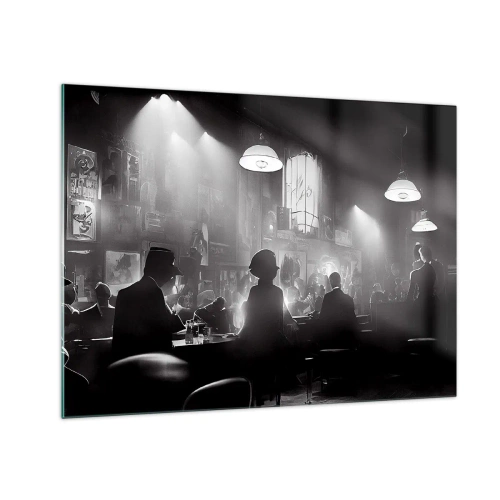Obraz na skle - Černobílé jazzové pódium v interiéru klubu - 70x50cm - V jazzové atmosféře - Moderní nástěnná dekorace do obývacího pokoje a ložnice ARTTOR