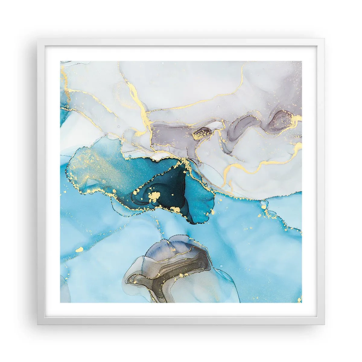 Plakát v bílém rámu - Studie o setkání šedé a tyrkysové - 60x60 cm