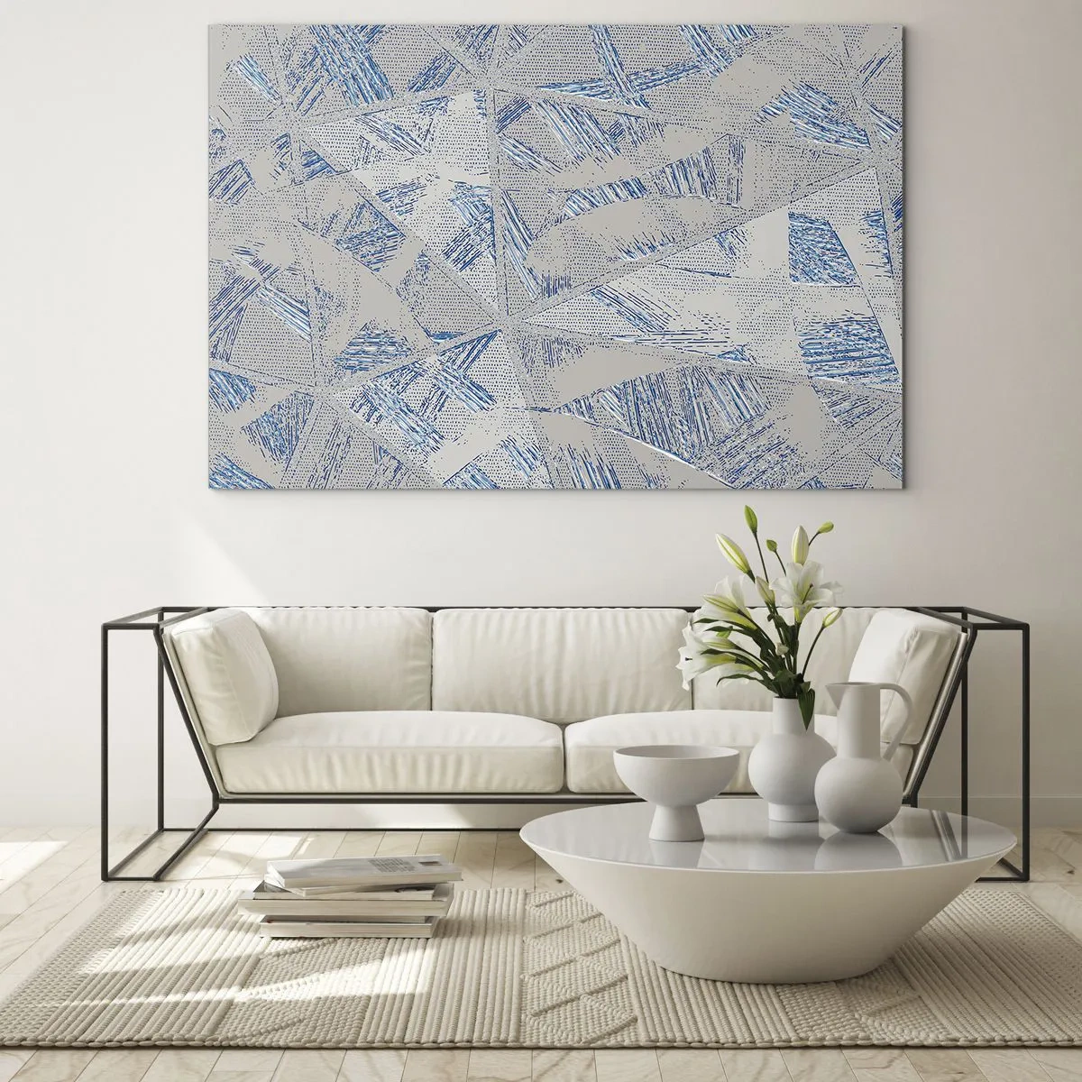 Obraz na skle - Geometrické vzory v odstínech šedé a modré - 70x50cm - V šedomodrém labyrintu - Moderní nástěnná dekorace do obývacího pokoje a ložnice ARTTOR