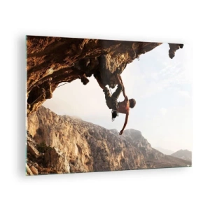 Obraz na skle - Lezení po svislé skále v horské krajině - 70x50cm - Svět smrsknutý v ruce na sesuvu balvanu - Moderní nástěnná dekorace do obývacího pokoje a ložnice ARTTOR