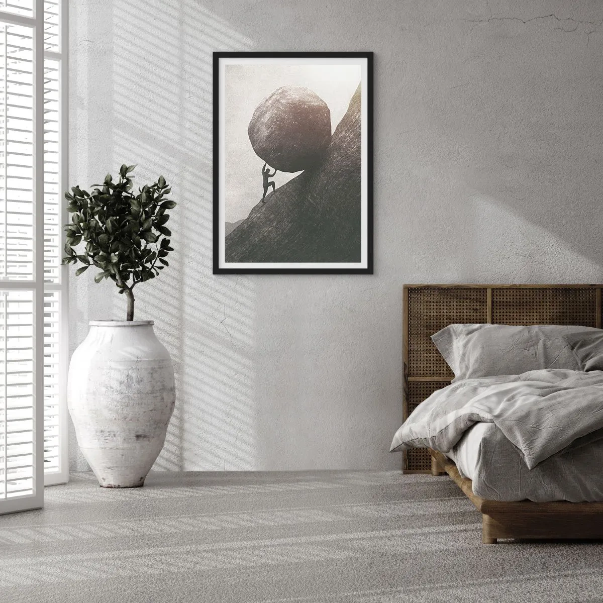 Plakát v černém rámu - Symbolická postava nesoucí balvan do kopce - 50x70cm - Věřím, proti vší naději - Moderní nástěnná dekorace do obývacího pokoje a ložnice ARTTOR