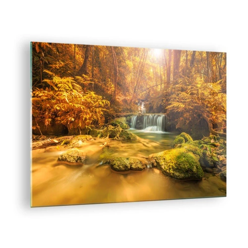 Obraz na skle - Lesní kaskáda ve zlatě - 70x50cm - Lesní vodopád ve zlaté - Moderní nástěnná dekorace do obývacího pokoje a ložnice ARTTOR