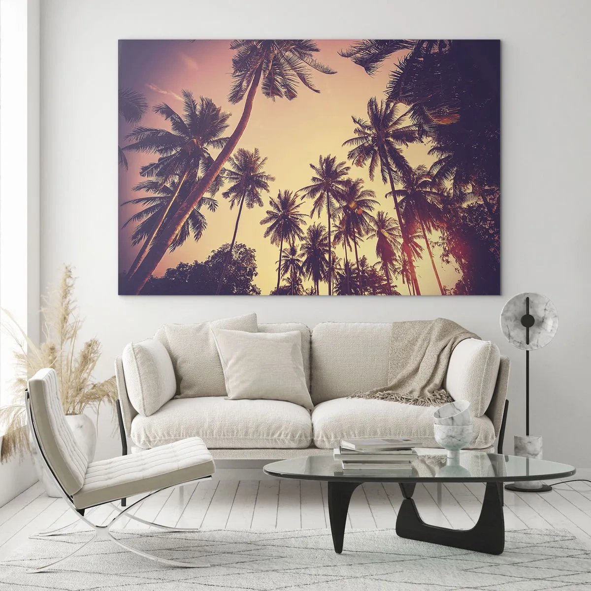 Obraz na skle - Palmy v paprscích zapadajícího slunce - 70x50cm - Tropická variace - Moderní nástěnná dekorace do obývacího pokoje a ložnice ARTTOR
