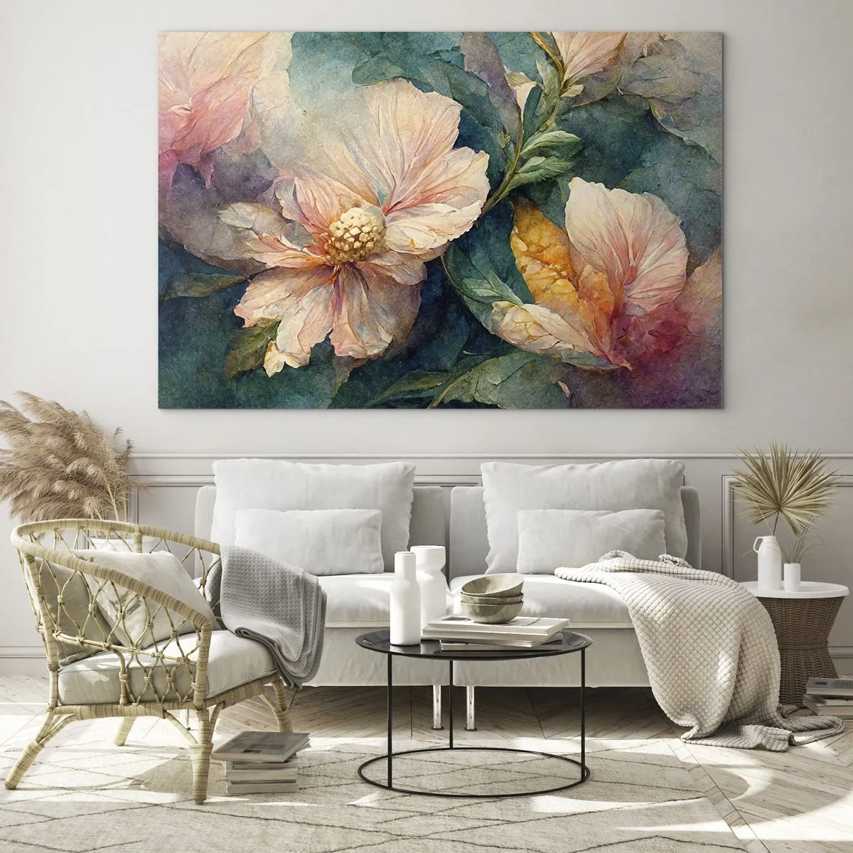 Obraz na skle - Jemné květiny v pastelových akvarelových tónech - 70x50cm - Čirá subtilnost - Moderní nástěnná dekorace do obývacího pokoje a ložnice ARTTOR
