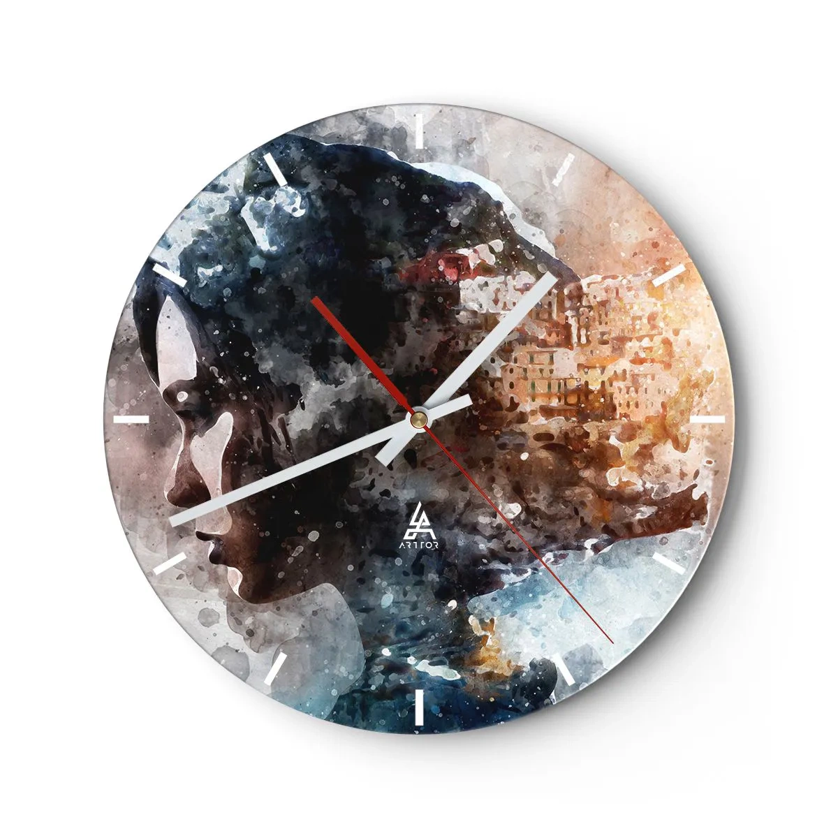 Nástěnné hodiny - Abstraktní portrét s efektem akvarelu - 30x30cm - Příběh o dívce s městem v pozadí - Moderní nástěnná dekorace do obývacího pokoje, kuchyně a ložnice ARTTOR