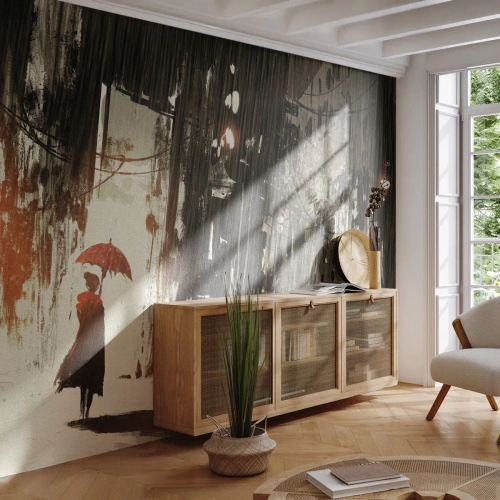 Fototapeta Premium Sand - Poezie červeného deštníku - Město, Žena, Architektura - 250x175 cm