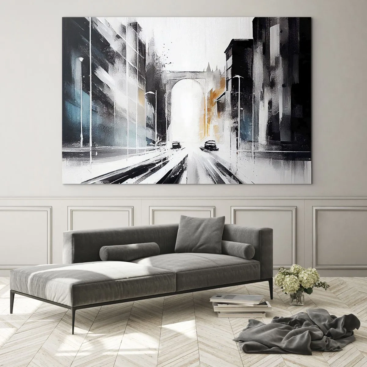 Obraz na skle - Dynamická městská ulice s auty a obloukem v pozadí v malířském stylu. - 70x50cm - Studie města: architektura a pohyb - Moderní nástěnná dekorace do obývacího pokoje a ložnice ARTTOR
