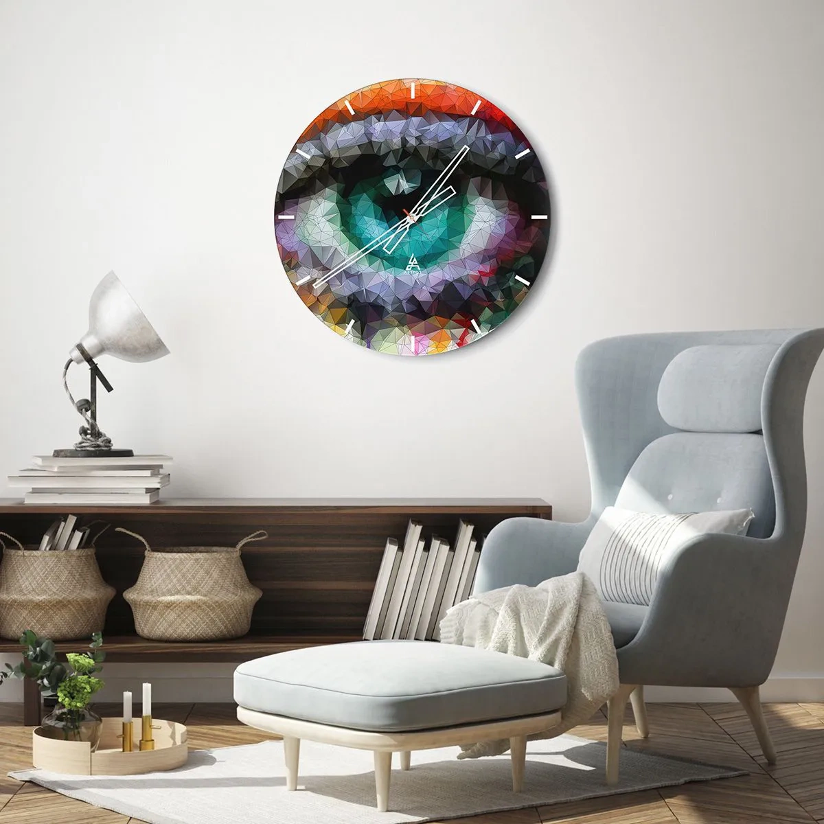 Nástěnné hodiny - Abstraktní grafika oka v vícebarevném geometrickém stylu - 30x30cm - Krystalický lesk očí - Moderní nástěnná dekorace do obývacího pokoje, kuchyně a ložnice ARTTOR