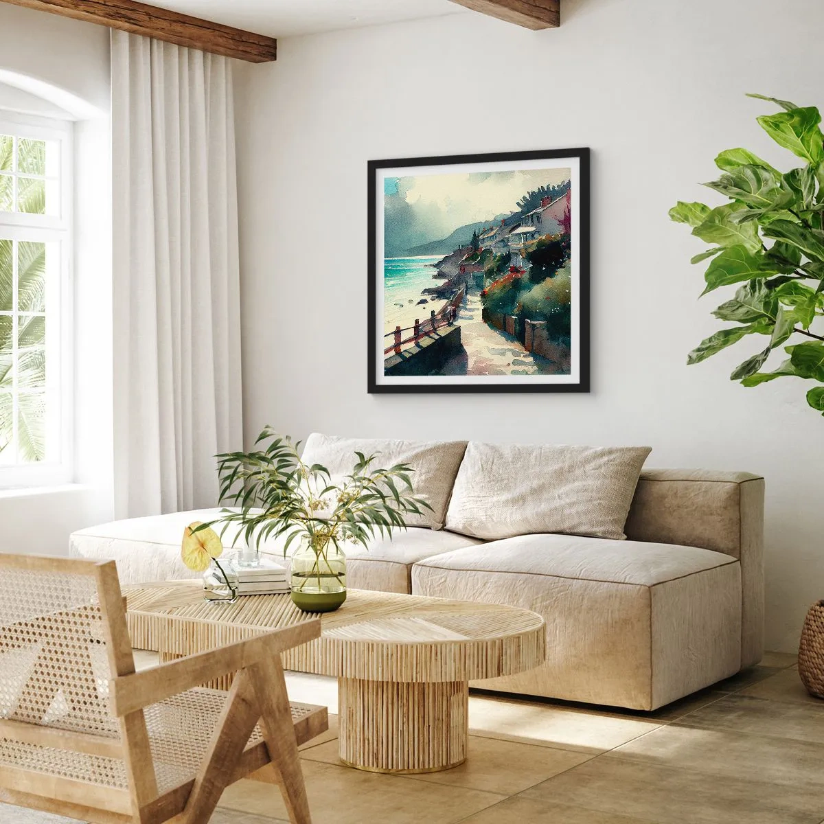 Plakát v černém rámu - Středomořské městečko - 30x30 cm