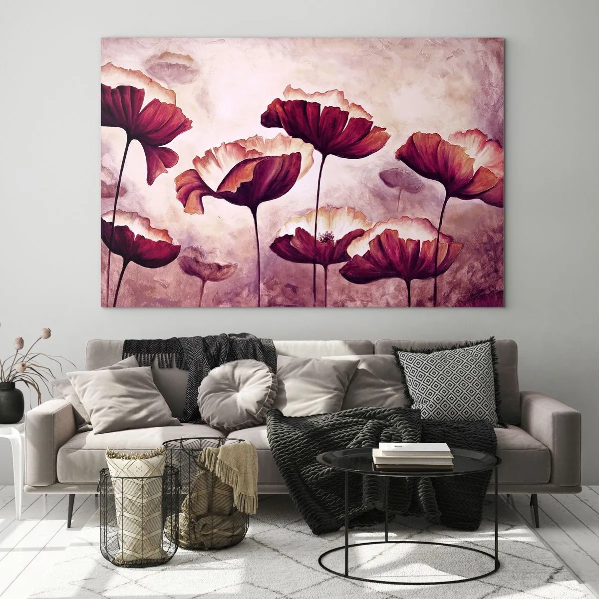 Obraz na skle - Červené a bílé vlčí máky proti jasné obloze - 70x50cm - Červený a bílý plátek - Moderní nástěnná dekorace do obývacího pokoje a ložnice ARTTOR
