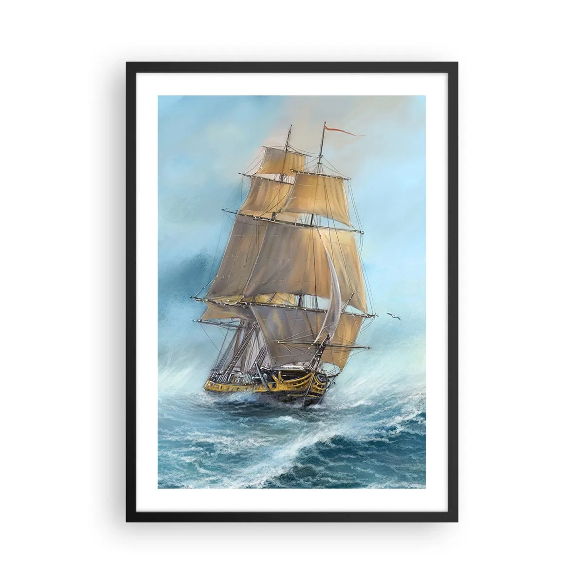 Plakát v černém rámu - Plachetnice plující rozbouřeným mořem v realistickém stylu - 50x70cm - Běžící po vlnách - Moderní nástěnná dekorace do obývacího pokoje a ložnice ARTTOR