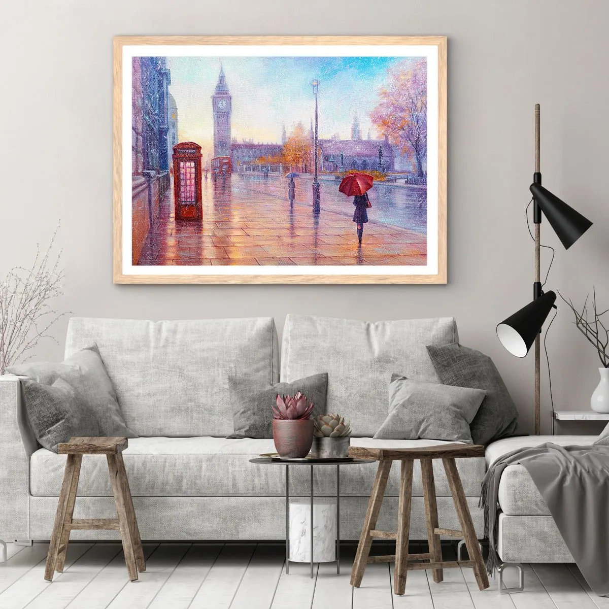 Plakát v rámu světlý dub - Londýnský podzimní den - 91x61 cm