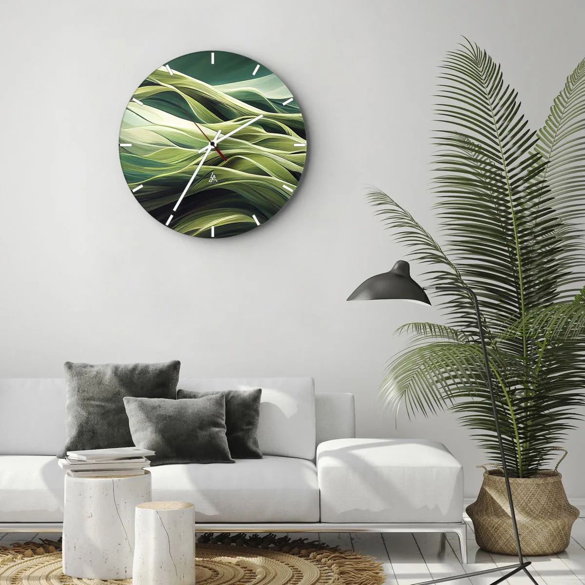 Nástěnné hodiny - Zelené vlny v abstraktní, dynamické kompozici - 30x30cm - Abstraktní hra na zelenou - Moderní nástěnná dekorace do obývacího pokoje, kuchyně a ložnice ARTTOR