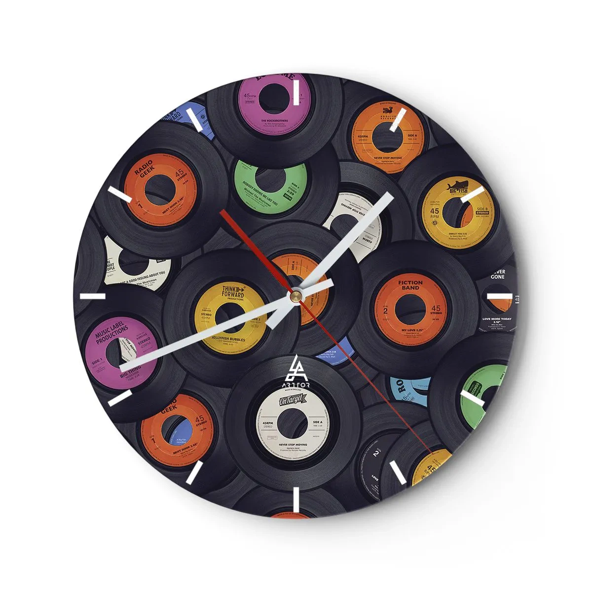 Nástěnné hodiny - Barevné vinylové desky v uměleckém aranžmá - 30x30cm - Barvy klasiky - Moderní nástěnná dekorace do obývacího pokoje, kuchyně a ložnice ARTTOR