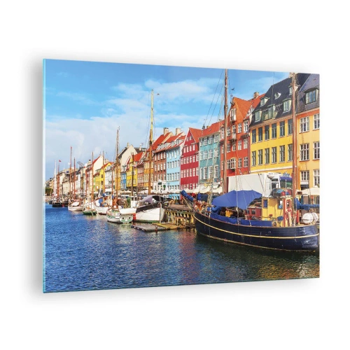 Obraz na skle - Barevné domy na kanálech v Kodani - 70x50cm - Radostné nábřeží - Moderní nástěnná dekorace do obývacího pokoje a ložnice ARTTOR