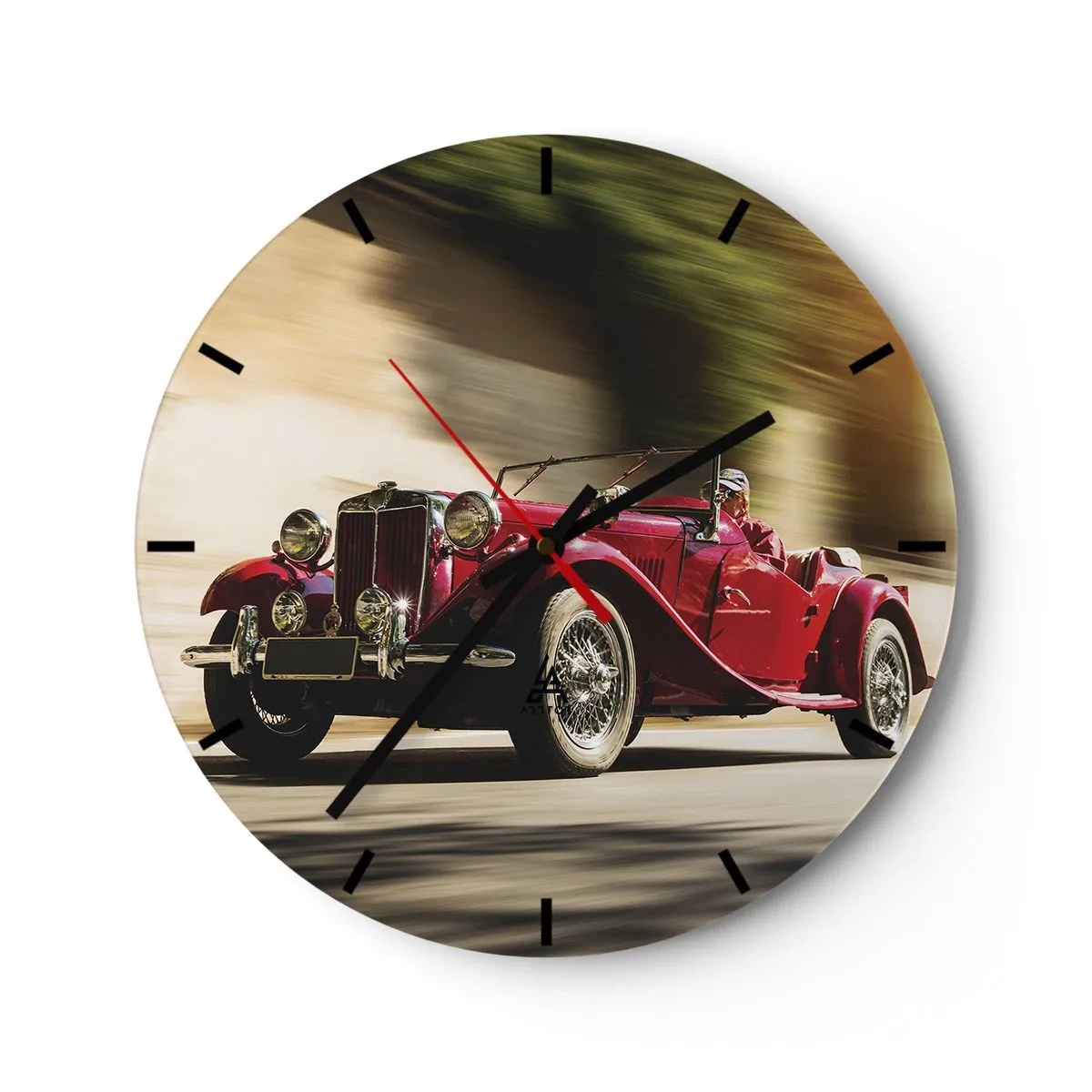 Nástěnné hodiny - Červené klasické sportovní auto v dynamickém pohybu - 30x30cm - Krásnější než Níké Samothrácká - Moderní nástěnná dekorace do obývacího pokoje, kuchyně a ložnice ARTTOR