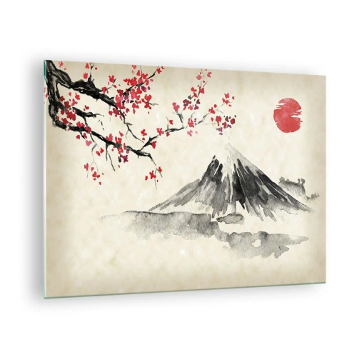 Obraz na skle - Japonský akvarelový obraz hory a kvetoucí větve - 70x50cm - Zamilujte se do Japonska - Moderní nástěnná dekorace do obývacího pokoje a ložnice ARTTOR