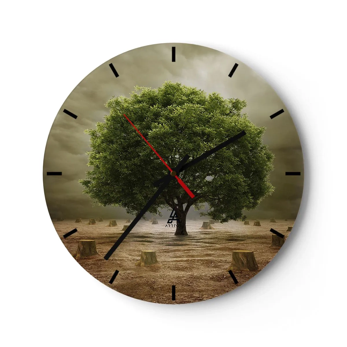 Nástěnné hodiny - Strom obklopený pařezy proti bouřlivé obloze - 30x30cm - Celá naděje - Moderní nástěnná dekorace do obývacího pokoje, kuchyně a ložnice ARTTOR