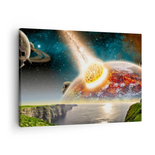 Obraz na plátně - Meteorit se srazí s planetou v kosmické krajině. - 70x50cm - Vesmírné drama - Moderní nástěnná dekorace do obývacího pokoje a ložnice ARTTOR