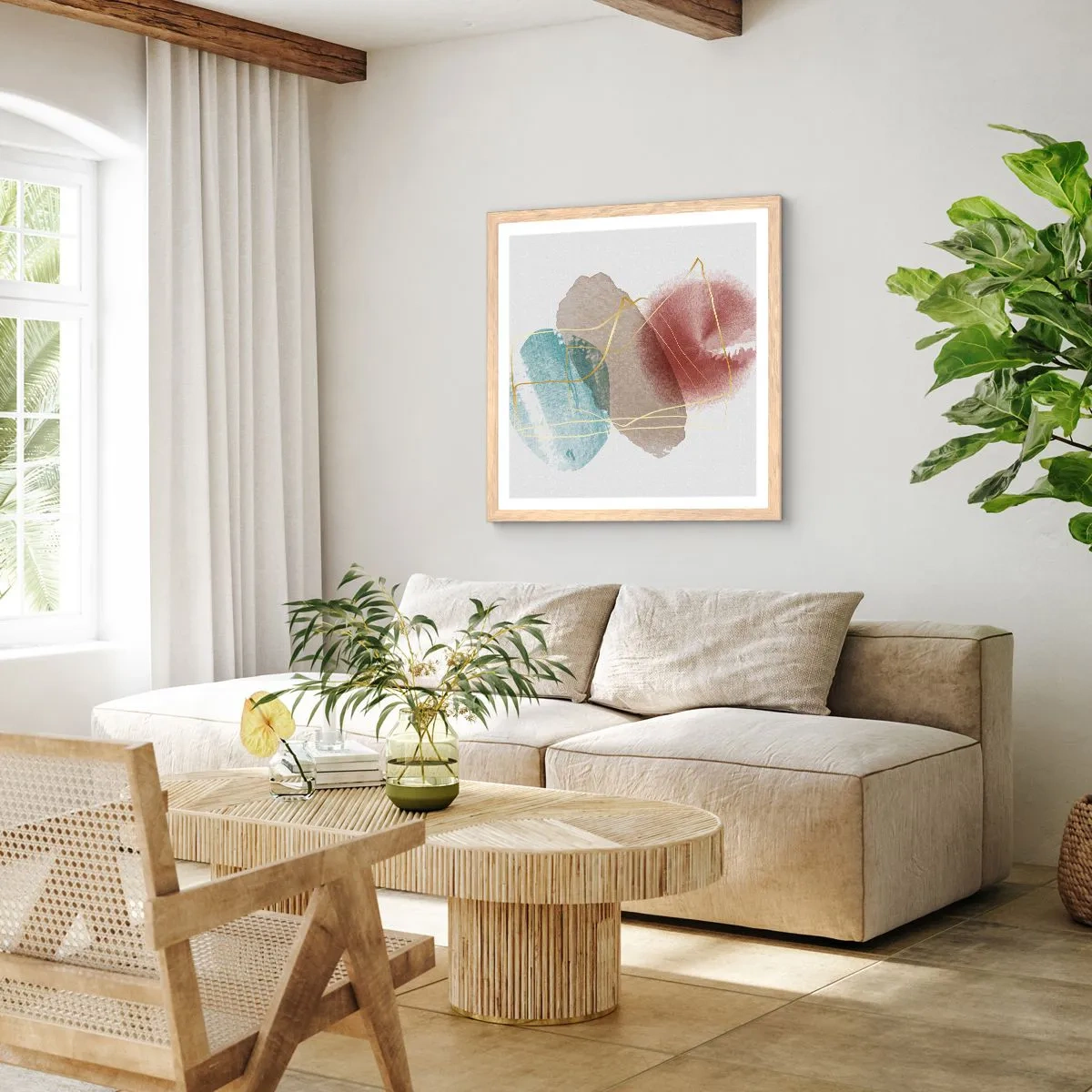 Plakát v rámu světlý dub - Korálky prostoru - 60x60 cm