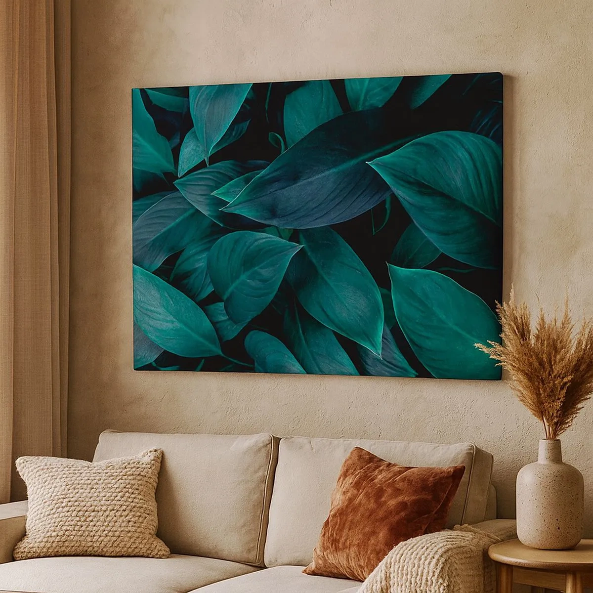 Obraz na plátně - Detail zelených listů s tmavým pozadím - 70x50cm - Zeleň sama o sobě - Moderní nástěnná dekorace do obývacího pokoje a ložnice ARTTOR