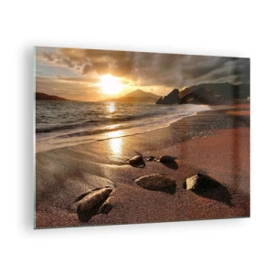 Obraz na skle - Západ slunce nad skalnatou pláží a kopci - 70x50cm - Jdi za sluncem k výšinám - Moderní nástěnná dekorace do obývacího pokoje a ložnice ARTTOR