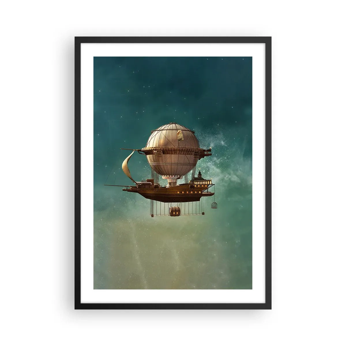 Plakát v černém rámu - Fantastická vzducholoď plující mezi hvězdami - 50x70cm - Julius Verne zdraví - Moderní nástěnná dekorace do obývacího pokoje a ložnice ARTTOR