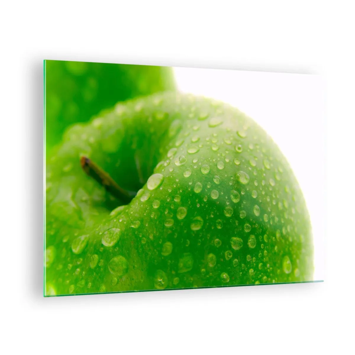 Obraz na skle - Zelené jablko pokryté kapkami vody - 70x50cm - Zelená studená svěžest - Moderní nástěnná dekorace do obývacího pokoje a ložnice ARTTOR