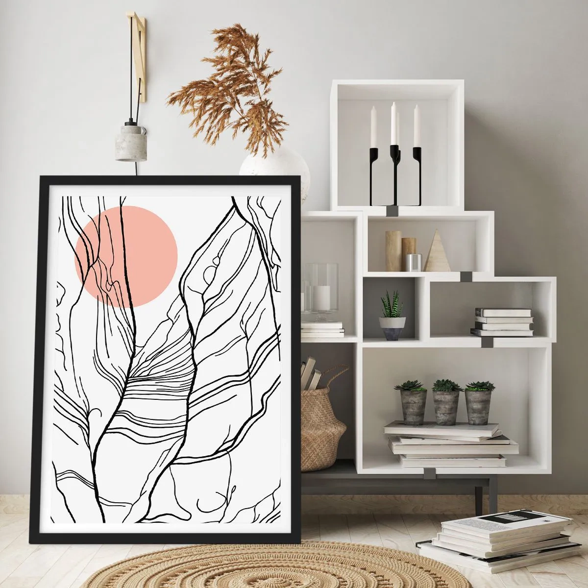 Plakát v černém rámu - Minimalistická čárová grafika s růžovým kruhem v pozadí - 50x70cm - V síti větviček - Moderní nástěnná dekorace do obývacího pokoje a ložnice ARTTOR