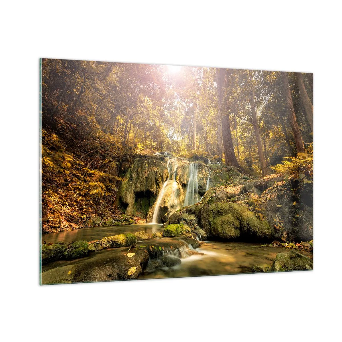 Obraz na skle - Lesní vodopád v zelené - 100x70 cm