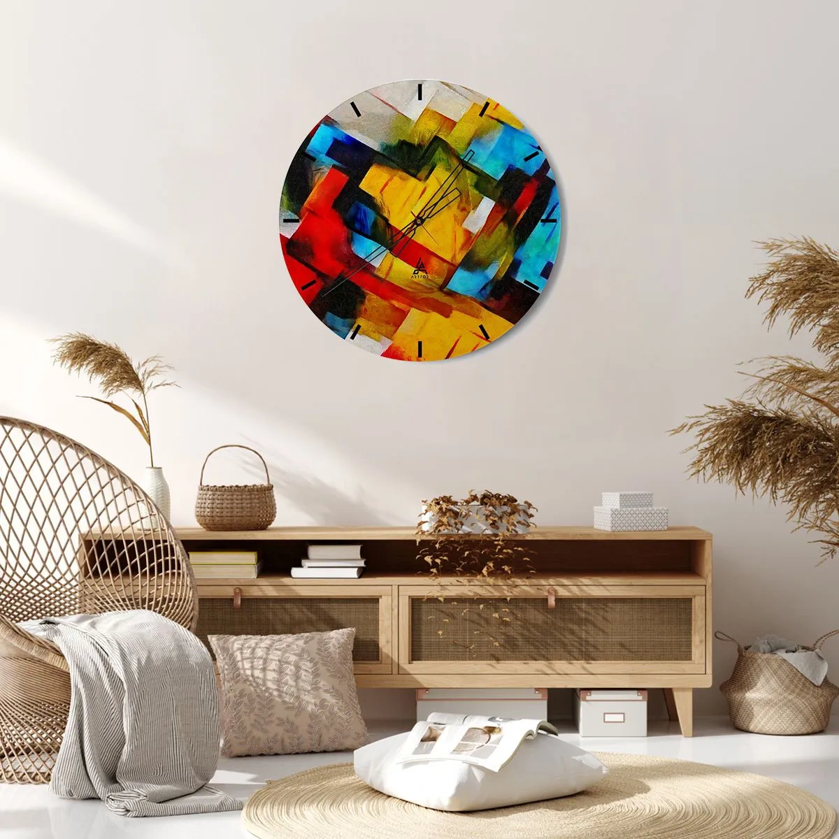 Nástěnné hodiny - Barevná abstrakce s geometrickými tvary - 30x30cm - Vícebarevné vrstvy - Moderní nástěnná dekorace do obývacího pokoje, kuchyně a ložnice ARTTOR