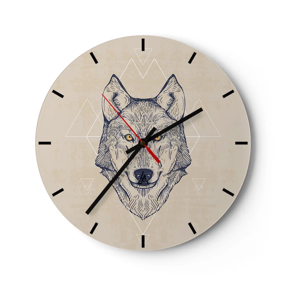 Nástěnné hodiny - Ilustrace vlka na béžovém pozadí s geometrickými vzory - 30x30cm - Alfa o pronikavém pohledu - Moderní nástěnná dekorace do obývacího pokoje, kuchyně a ložnice ARTTOR