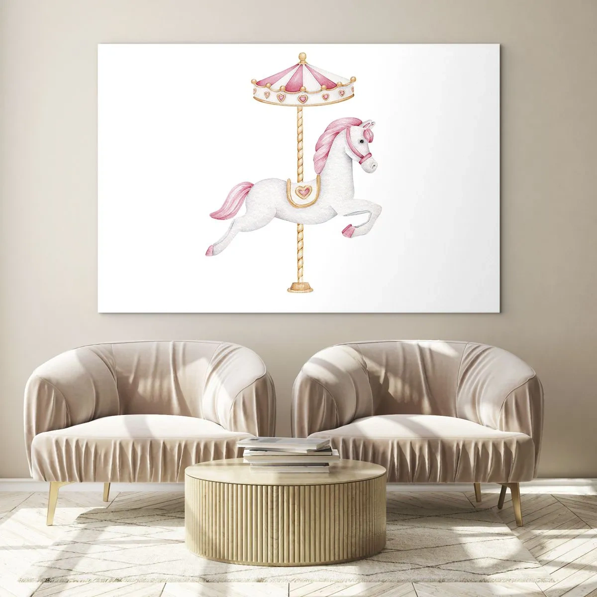 Obraz na skle - Růžový a bílý kolotočový kůň na bílém pozadí - 70x50cm - Vyrazil z kopýtka - Moderní nástěnná dekorace do obývacího pokoje a ložnice ARTTOR