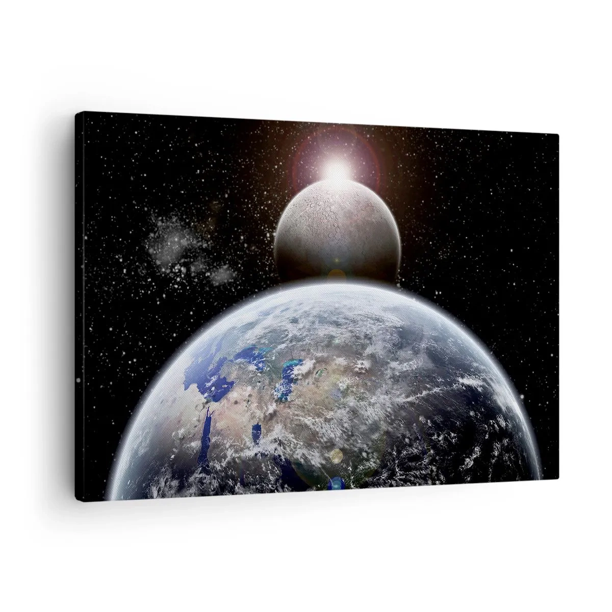 Obraz na plátně - Planeta Země a Měsíc na pozadí hvězdného vesmíru. - 70x50cm - Vesmírná krajina - východ slunce - Moderní nástěnná dekorace do obývacího pokoje a ložnice ARTTOR