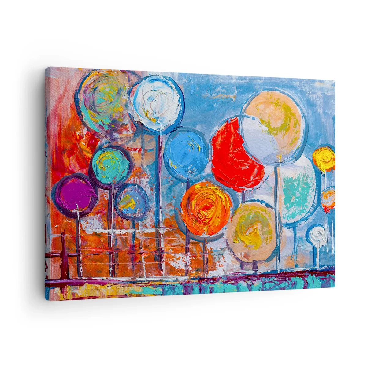 Obraz na plátně - Barevné abstraktní stromy na modrém pozadí - 70x50cm - Zázraky na tyči - Moderní nástěnná dekorace do obývacího pokoje a ložnice ARTTOR